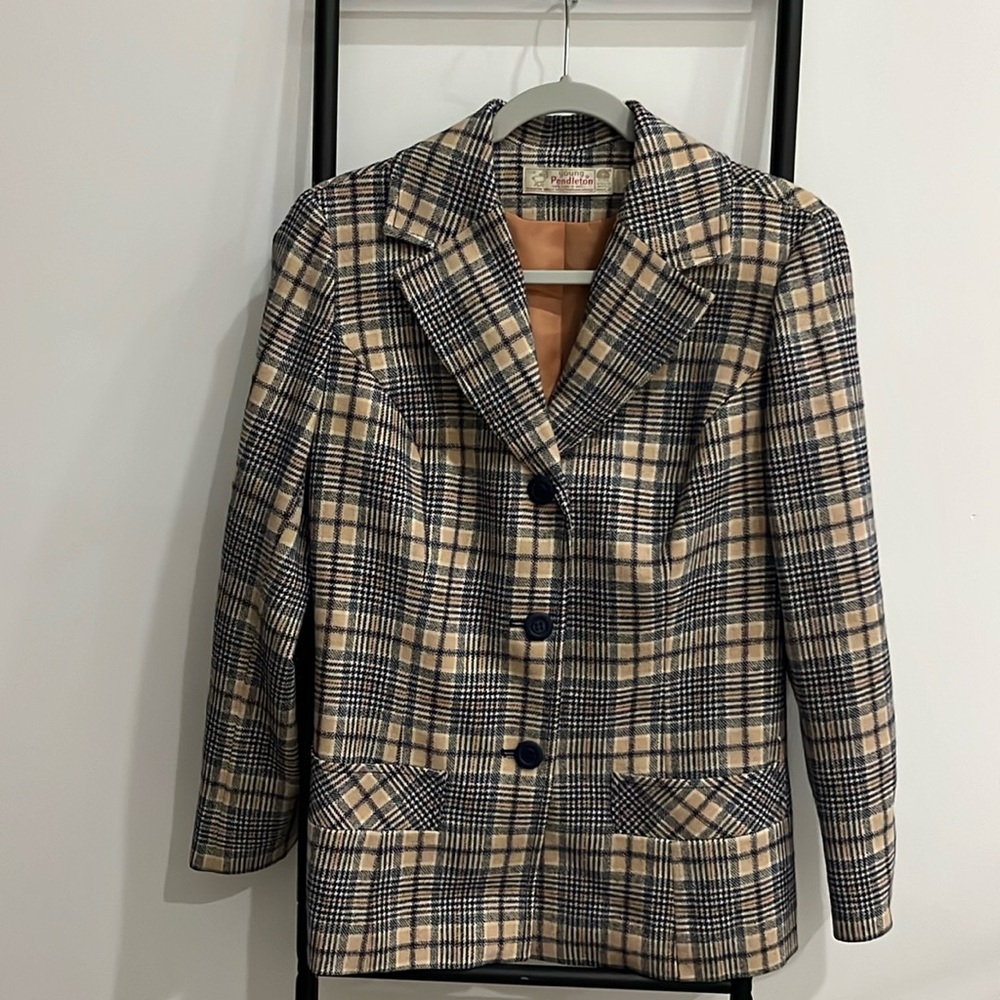 Vintage 70s Young Pendleton Wool Tartar Plaid Cream Blue Blazer Women Size 11/12